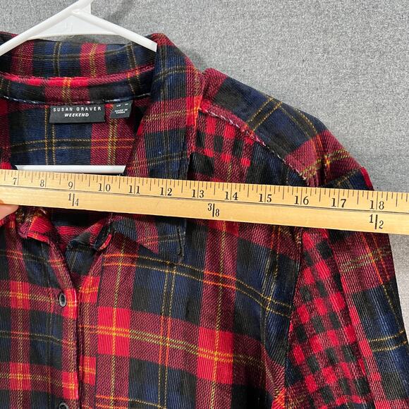 Susan Graver Weekend Regular Plaid Knit Corduroy Button Up Sh Red/Navy X-Large - Picture 6 of 11